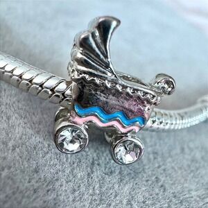 Baby Carriage Stroller Charm Silver Pink Blue fits PANDORA
